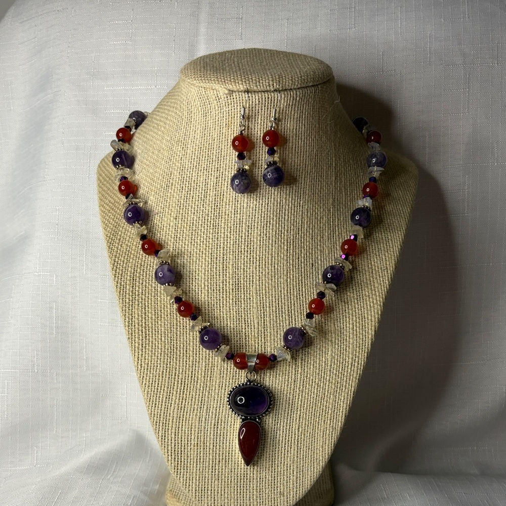 Handcrafted Amethyst and Carnelian Necklace and Earring Set w/Pendant